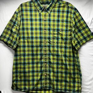 Duluth Trading Co Mens BBQ Relaxed Fit Short Sleeve Shirt Yellow Blue Plaid Sz L